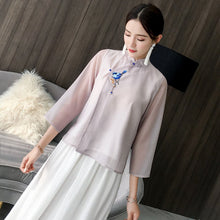 Load image into Gallery viewer, Bird Embroidery 3/4 Sleeve Mandarin Collar Chinese Blouse
