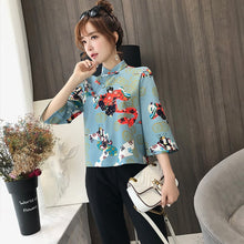 Load image into Gallery viewer, 3/4 Sleeve Mandarin Collar Japanese Kimono Style Blouse
