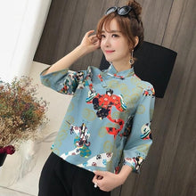 Load image into Gallery viewer, 3/4 Sleeve Mandarin Collar Japanese Kimono Style Blouse
