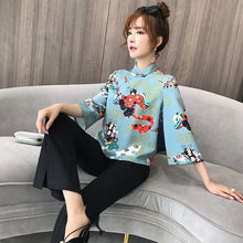 Load image into Gallery viewer, 3/4 Sleeve Mandarin Collar Japanese Kimono Style Blouse
