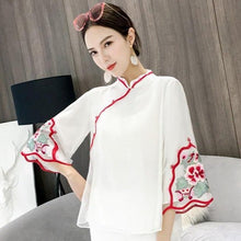 Muatkan imej ke dalam penonton Galeri, Floral Embroidery Mandarin Sleeve Chinese Style Women&#39;s Shirt
