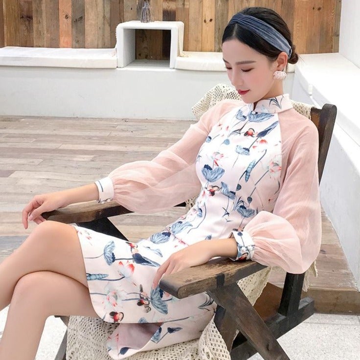 Illusion Sleeve Mandarin Collar Modern Floral Cheongsam Chinese Dress