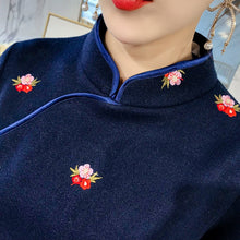 Load image into Gallery viewer, Long Sleeve Floral Embroidery Knee Length Cheongsam Chinese Dress
