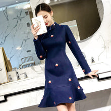 Load image into Gallery viewer, Long Sleeve Floral Embroidery Knee Length Cheongsam Chinese Dress
