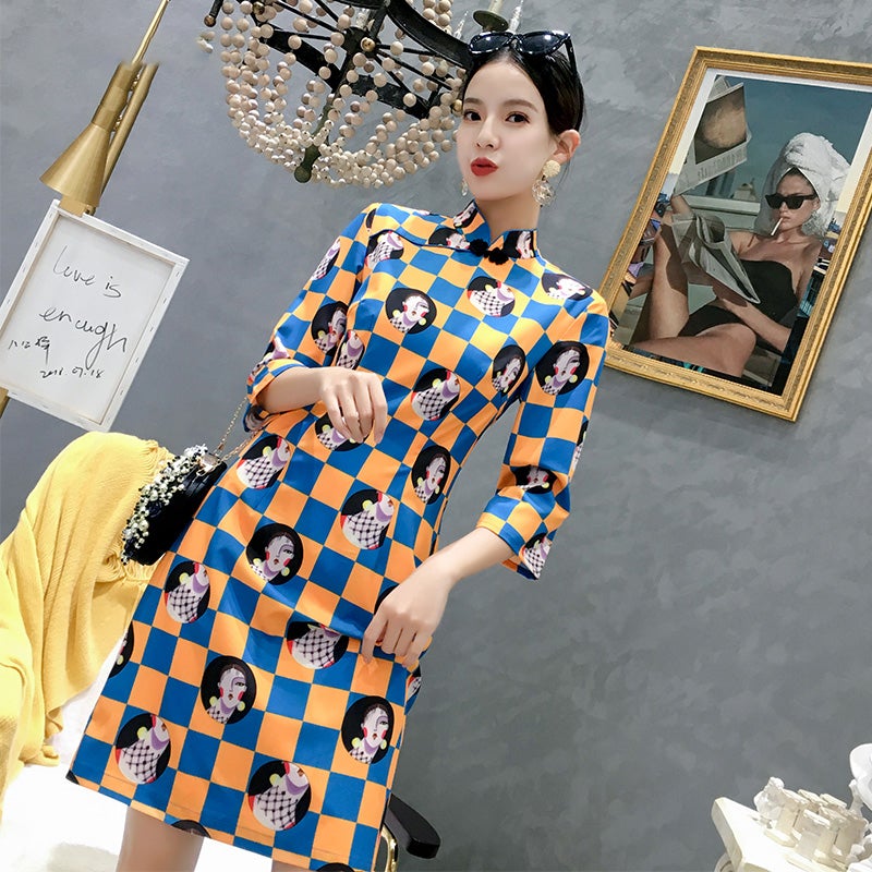 Plaids & Checks Pattern Half Sleeve Modern Cheongsam Chinese Dress