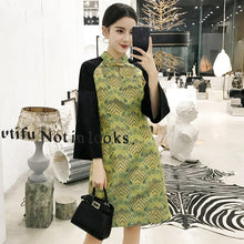 Load image into Gallery viewer, Puff Sleeve Knee Length Modern Cheongsam Chinese Dress
