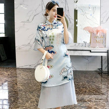 Load image into Gallery viewer, Puff Sleeve Pleated Skirt Traditional Cheongsam Chinese Dress
