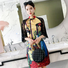 Muatkan imej ke dalam penonton Galeri, Floral Lace Sleeve Mandarin Collar Retro Cheongsam Chinese Dress
