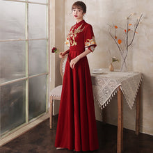 Load image into Gallery viewer, Bird &amp; Floral Embroidery Velvet Oriental Evening Dress with French Cuff
