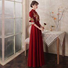 Load image into Gallery viewer, Bird &amp; Floral Embroidery Velvet Oriental Evening Dress with French Cuff
