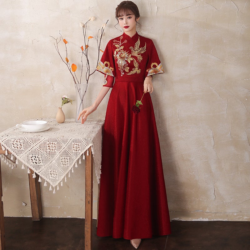 Bird & Floral Embroidery Velvet Oriental Evening Dress with French Cuff