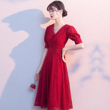 Load image into Gallery viewer, Puff Sleeve Floral Lace V Neck Tea Length Oriental Evening Dress
