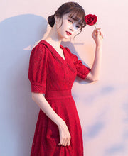 Load image into Gallery viewer, Puff Sleeve Floral Lace V Neck Tea Length Oriental Evening Dress
