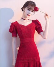 Load image into Gallery viewer, Puff Sleeve Floral Lace Tea Length Mermaid Oriental Evening Dress
