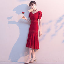 Load image into Gallery viewer, Puff Sleeve Floral Lace Tea Length Mermaid Oriental Evening Dress
