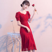 Load image into Gallery viewer, Puff Sleeve Floral Lace Tea Length Mermaid Oriental Evening Dress
