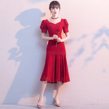 Load image into Gallery viewer, Puff Sleeve Floral Lace Tea Length Mermaid Oriental Evening Dress
