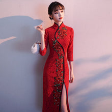 Load image into Gallery viewer, 3/4 Sleeve Floral Lace &amp; Applique Open Front Oriental Evening Dress
