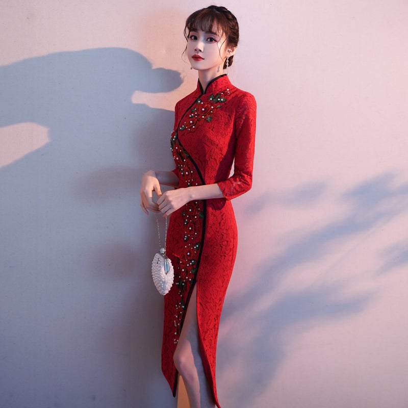 3/4 Sleeve Floral Lace & Applique Open Front Oriental Evening Dress