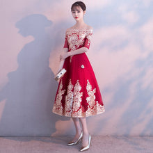 Load image into Gallery viewer, Floral Appliques Off-the-Shoulder Tea Length A-Line Oriental Evening Dress
