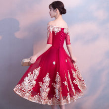 Load image into Gallery viewer, Floral Appliques Off-the-Shoulder Tea Length A-Line Oriental Evening Dress
