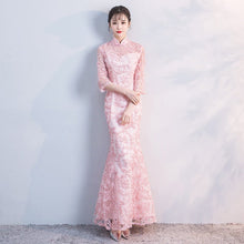 Load image into Gallery viewer, 3/4 Sleeve Cheongsam Top Mermaid Evening Dress with Floral Appliques
