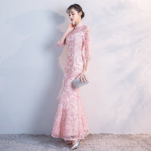 Load image into Gallery viewer, 3/4 Sleeve Cheongsam Top Mermaid Evening Dress with Floral Appliques
