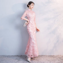 Load image into Gallery viewer, 3/4 Sleeve Cheongsam Top Mermaid Evening Dress with Floral Appliques
