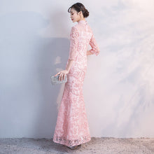 Load image into Gallery viewer, 3/4 Sleeve Cheongsam Top Mermaid Evening Dress with Floral Appliques
