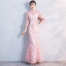 Load image into Gallery viewer, 3/4 Sleeve Cheongsam Top Mermaid Evening Dress with Floral Appliques
