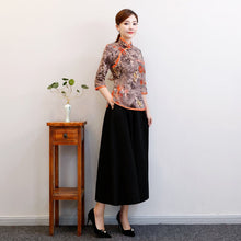 Load image into Gallery viewer, 3/4 Sleeve Floral Print Suede Cheongsam Top Chinese Blouse
