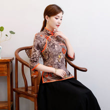 Load image into Gallery viewer, 3/4 Sleeve Floral Print Suede Cheongsam Top Chinese Blouse
