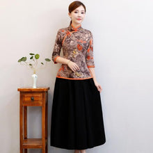 Load image into Gallery viewer, 3/4 Sleeve Floral Print Suede Cheongsam Top Chinese Blouse
