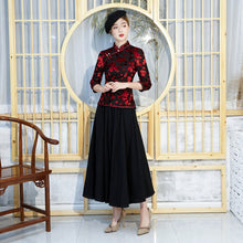 Load image into Gallery viewer, 3/4 Sleeve Floral Flocking Cheongsam Top Chinese Blouse
