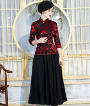 Load image into Gallery viewer, 3/4 Sleeve Floral Flocking Cheongsam Top Chinese Blouse
