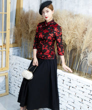 Load image into Gallery viewer, 3/4 Sleeve Floral Flocking Cheongsam Top Chinese Blouse
