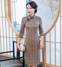 Load image into Gallery viewer, 3/4 Sleeve Knee Length Traditional Cheongsam Plaids &amp; Checks Suede Chinese Dress
