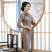 Load image into Gallery viewer, 3/4 Sleeve Knee Length Traditional Cheongsam Plaids &amp; Checks Suede Chinese Dress
