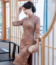 Load image into Gallery viewer, Knee Length Traditional Cheongsam Plaids &amp; Checks with Floral Suede Chinese Dress
