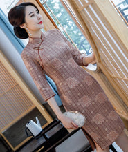 Load image into Gallery viewer, Knee Length Traditional Cheongsam Plaids &amp; Checks with Floral Suede Chinese Dress
