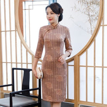 Load image into Gallery viewer, Knee Length Traditional Cheongsam Plaids &amp; Checks with Floral Suede Chinese Dress
