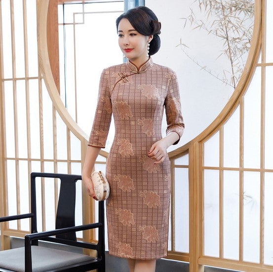 Knee Length Traditional Cheongsam Plaids & Checks with Floral Suede Chinese Dress