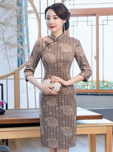 Load image into Gallery viewer, Knee Length Traditional Cheongsam Plaids &amp; Checks with Floral Suede Chinese Dress
