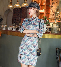 Load image into Gallery viewer, 3/4 Sleeve Fans Pattern Suede Modern Cheongsam Mini Chinese Dress
