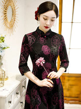 Load image into Gallery viewer, 3/4 Sleeve Cheongsam Top Floral Knit Dress with Expansion Skirt
