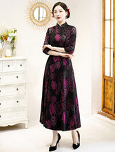 Load image into Gallery viewer, 3/4 Sleeve Cheongsam Top Floral Knit Dress with Expansion Skirt
