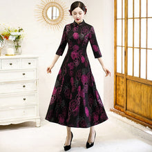 Load image into Gallery viewer, 3/4 Sleeve Cheongsam Top Floral Knit Dress with Expansion Skirt
