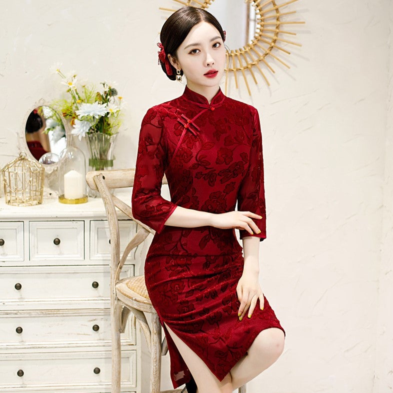 3/4 Sleeve Traditional Cheongsam Knee Length Floral Lace Chinese Dress