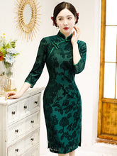 Load image into Gallery viewer, 3/4 Sleeve Traditional Cheongsam Knee Length Floral Lace Chinese Dress
