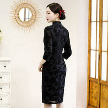 Load image into Gallery viewer, 3/4 Sleeve Traditional Cheongsam Knee Length Floral Lace Chinese Dress
